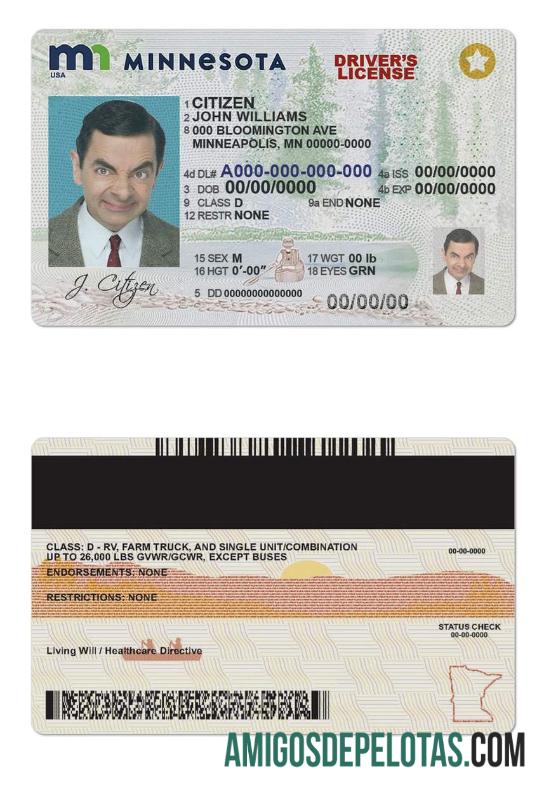 Carteira de motorista dos EUA em Minnesota modelo